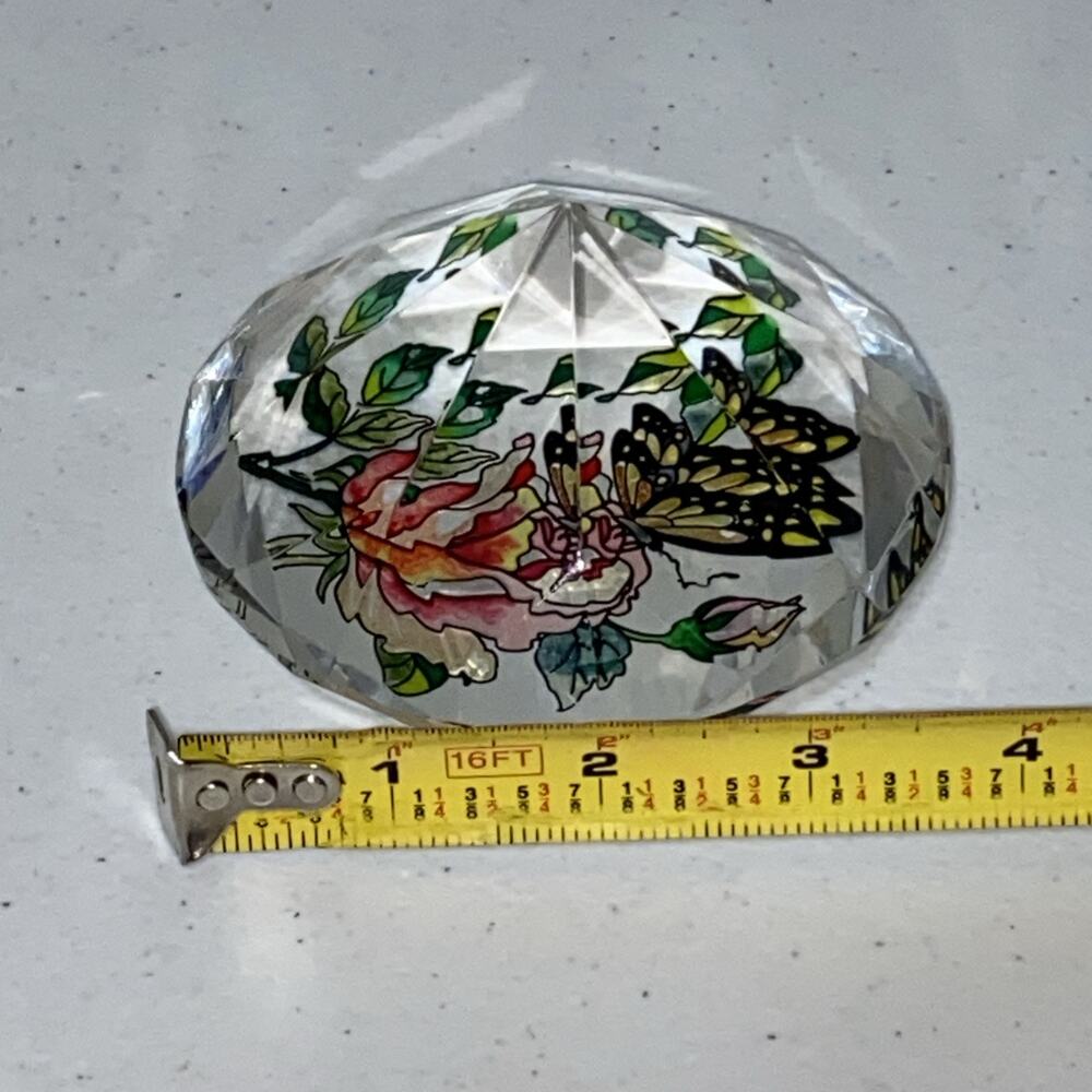 Art Glass Diamond Paperweight Hand Painted Amia Studios Rose Flower Butterfly - Picture 6 of 6